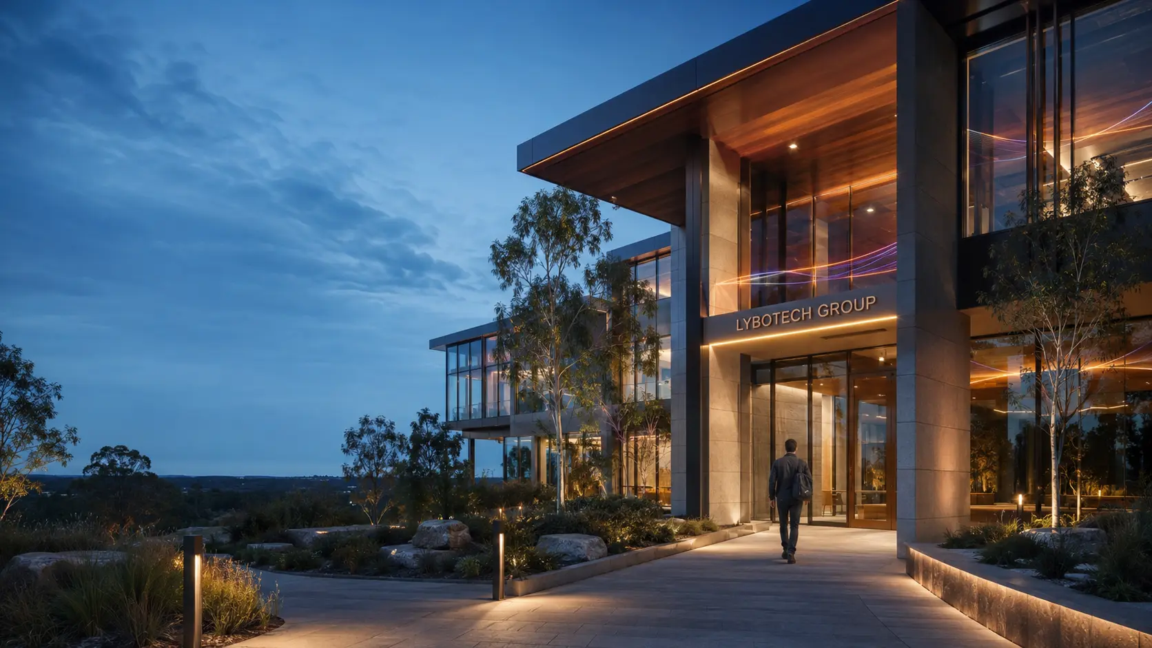 A visitor approaching the Lybotech Group innovation campus at blue hour